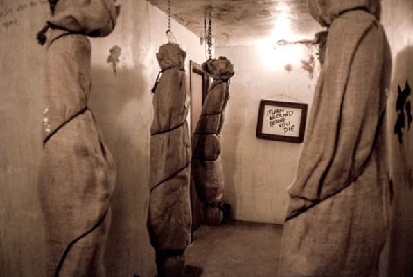 escape room with fake body bags
