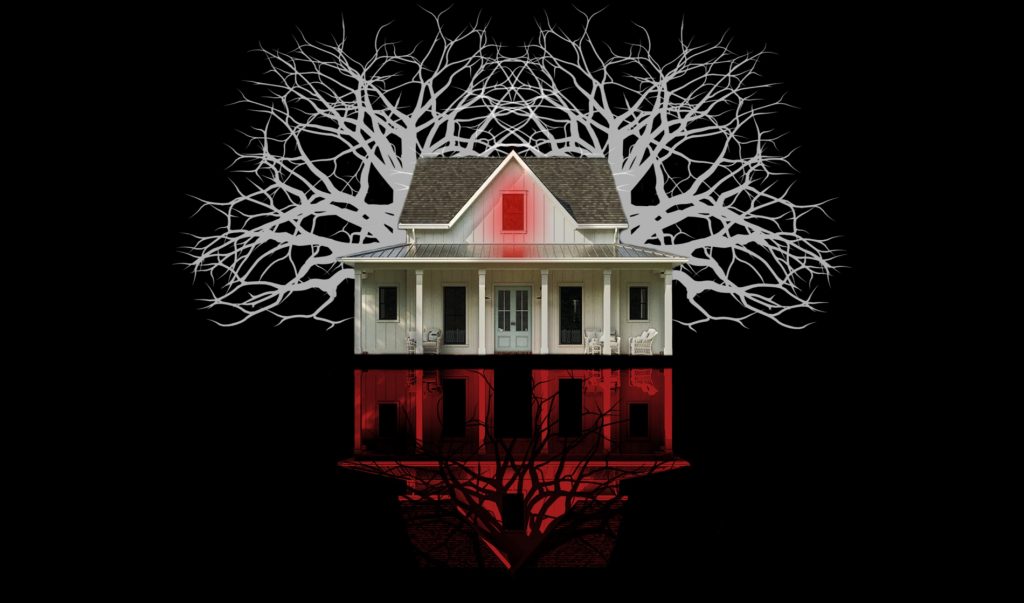 creepy graphic of a haunted house with a reflection of it in red with a tree behind it